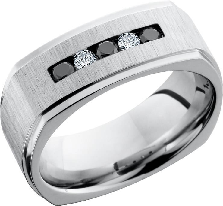 Cobalt chrome 8mm flat band with grooved edges featuring 3, .5ct black diamonds and 2, .5ct white diamonds