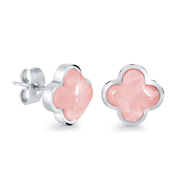 Italgem - Stainless Steel 10Mm Rose Quartz Clover Stud Earrings