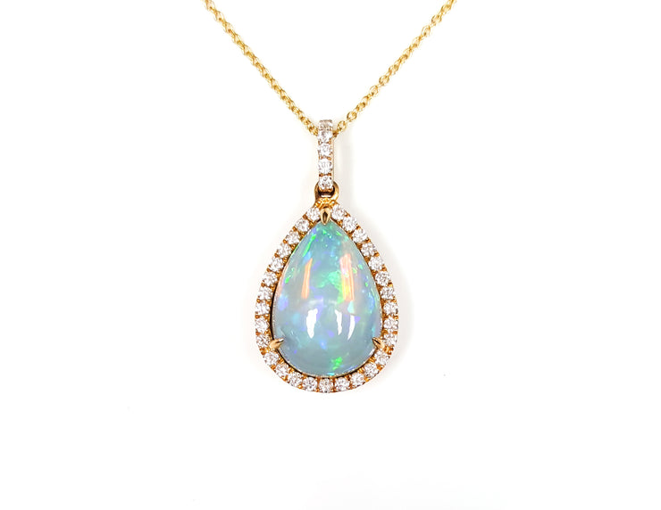 Pear Shaped Opal Center With Diamond Halo Pendant Necklace
