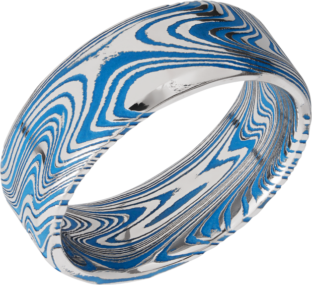 Marble Damascus steel 8mm beveled band with Ridgeway Blue Cerakote in the recessed pattern