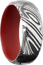 Woodgrain Damascus steel 8mm domed band with beveled edges a red Cerakote sleeve