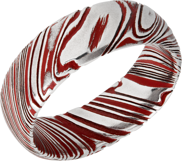 Woodgrain Damascus steel 8mm domed band beveled edges and red Cerakote in the recessed pattern