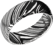 Woodgrain Damascus steel 8mm domed band beveled edges and Black Cerakote in the recessed pattern