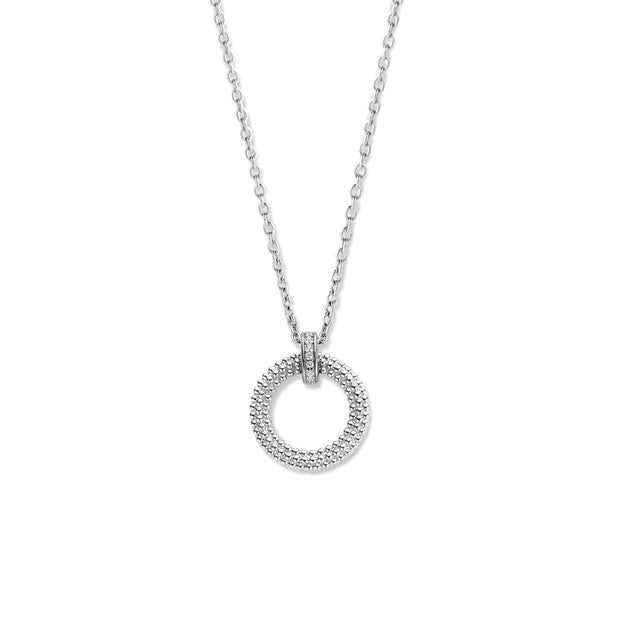 TI SENTO - RHODIUM PLATED OXIDIZED STERLING SILVER BEADED CIRCLE PENDANT WITH PAVE SET CUBIC ZIRCONIA BAIL ON SILVER CHAIN