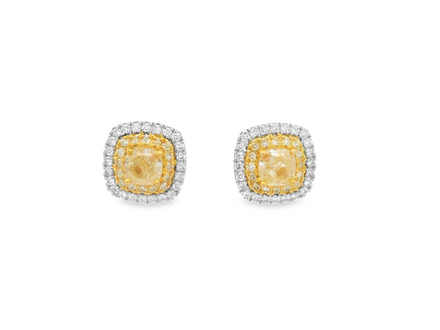 Cushion Cut Yellow Diamond Double Halo Post Earrings