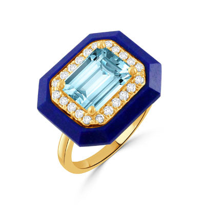 Diamond & Sky Blue Topaz Fashion Ring With Lapis Boarders