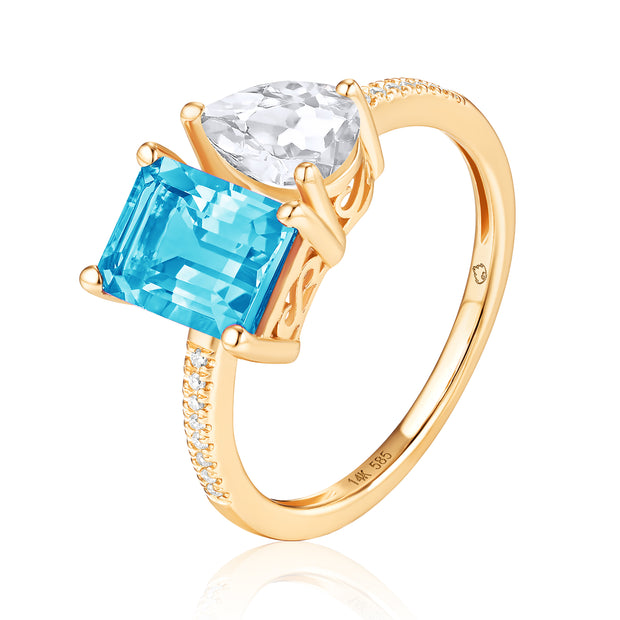 LUVENTE – BLUE TOPAZ, WHITE TOPAZ, & DIAMOND 2 STONE RING