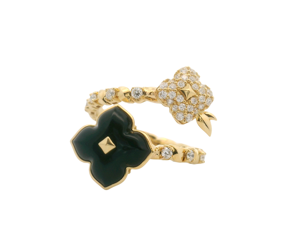 Black Onyx & Diamond Flower Bypass Ring