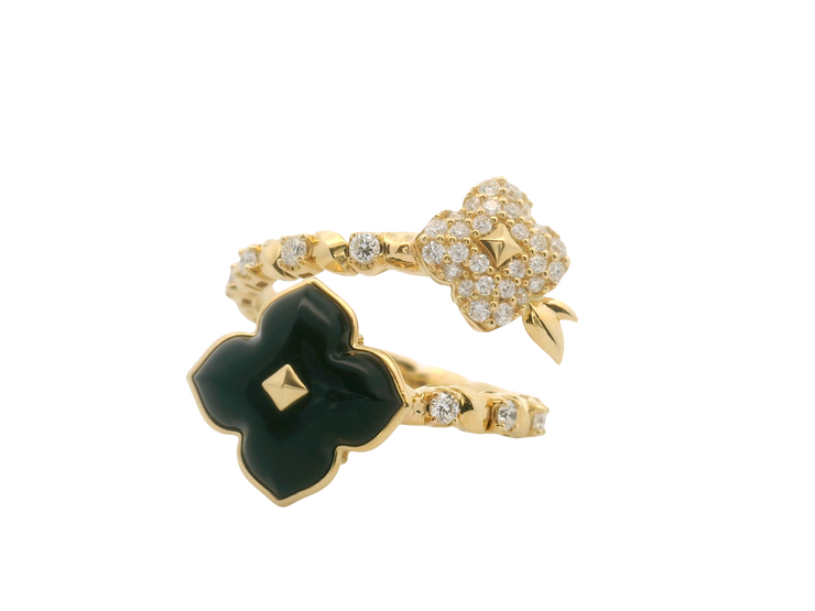 Black Onyx & Diamond Flower Bypass Ring