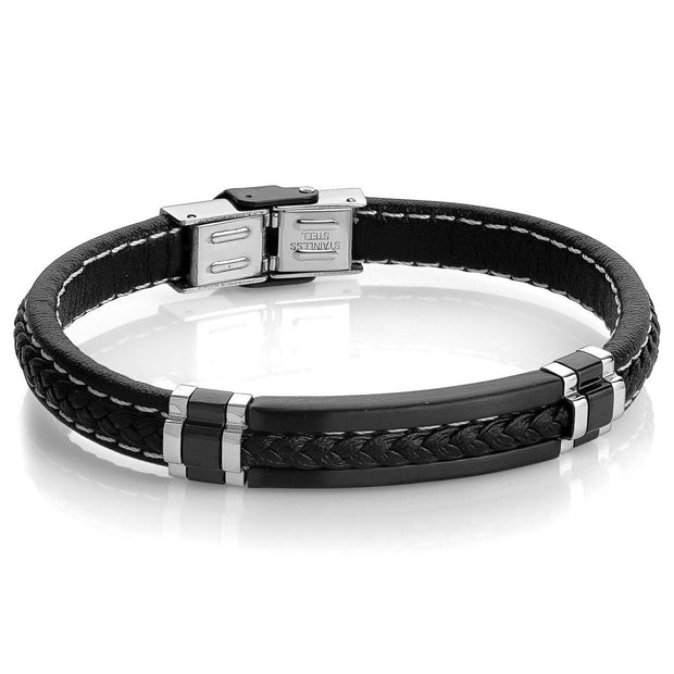 ITALGEM STEEL –BLACK LEATHER BRACELET