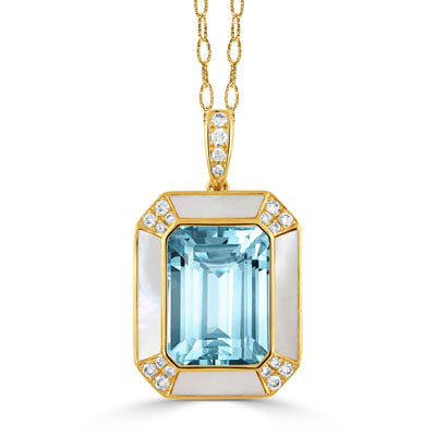 Yellow Gold Blue Topaz & Diamond Pendant With White Mother Of Pearl Boarders