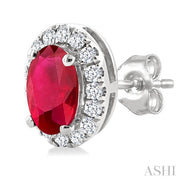 Oval Shape Ruby & Halo Diamond Earrings