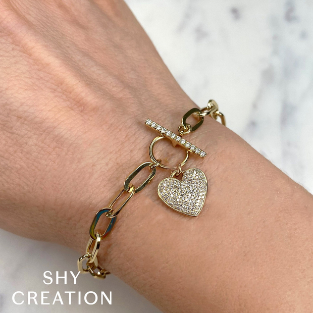 Shy Creation - Diamond Paper Clip Link Pave Heart Bracelet