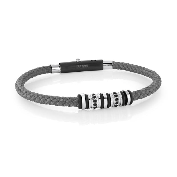 Gray Leather Bracelet with Black Cubic Zirconia