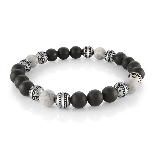 GREY STONE, BLACK ONYX, & STAINLESS STEEL BEADED STRETCH BRACELET