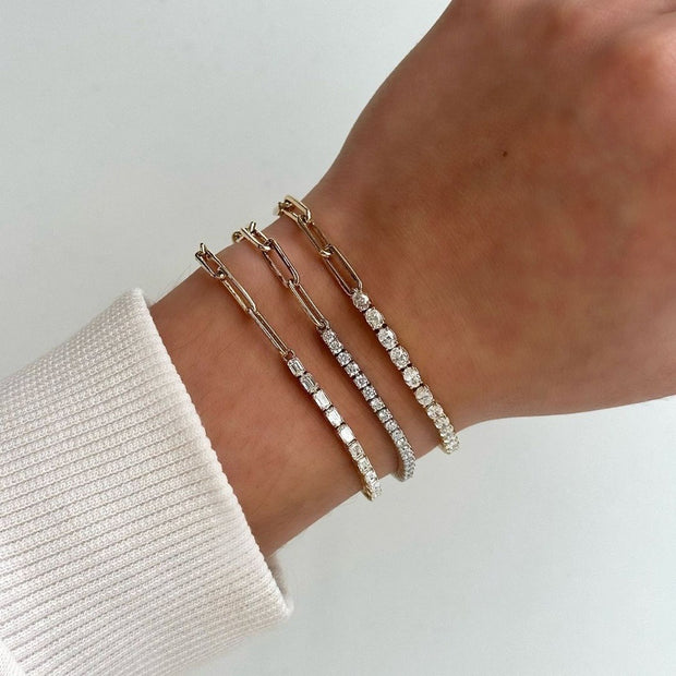 Half Diamond Tennis Bracelet on Paperclip Chain