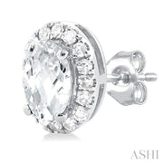 Oval Shape White Topaz & Halo Diamond Earrings