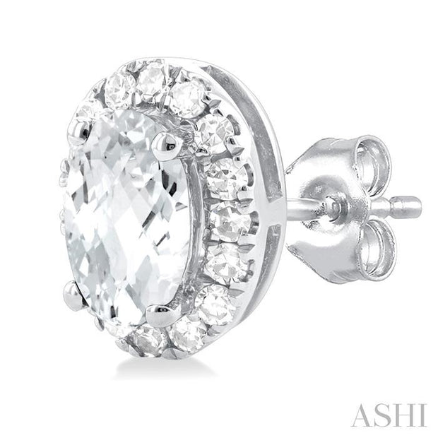 Oval Shape White Topaz & Halo Diamond Earrings