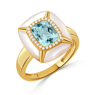Yellow Gold Blue Topaz Fashion Ring With Diamonds And Mother Of Pearl Boarder