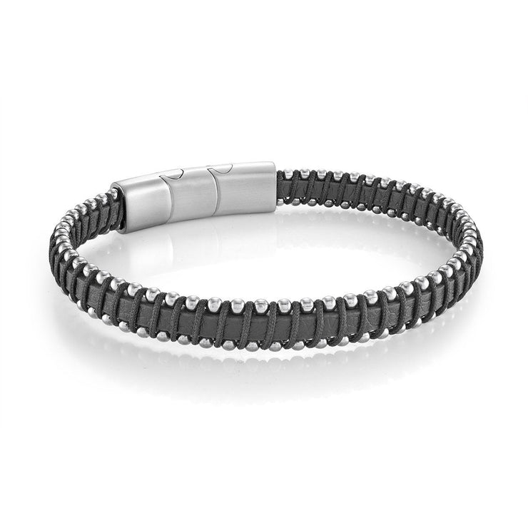 Stainless Steel & Black Leather Bracelet