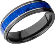 Zirconium 6mm flat band with grooved edges and a mosaic inlay of Lapis