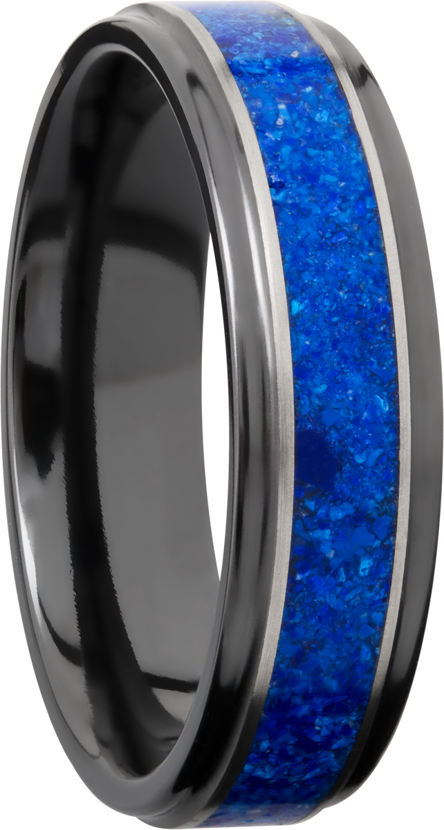 Zirconium 6mm flat band with grooved edges and a mosaic inlay of Lapis