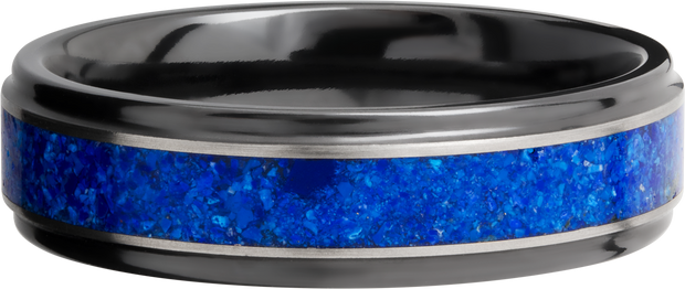 Zirconium 6mm flat band with grooved edges and a mosaic inlay of Lapis