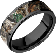 Zirconium 6mm flat band with a 5mm inlay of Realtree Timber Camo