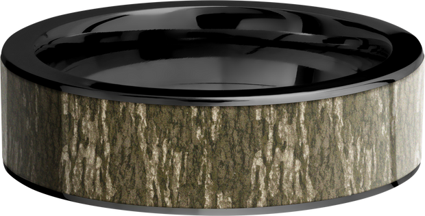 Cobalt chrome 7mm flat band with a 6mm inlay of Mossy Oak Bottomland Camo