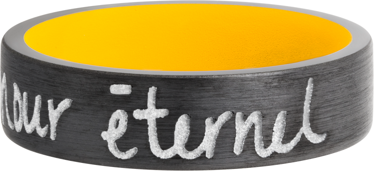 Zirconium 7mm flat band with slightly rounded edges and a laser-carved handwritten message with a yellow Cerakote sleeve