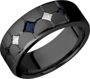 Zirconium 8mm beveled band with 3 sapphires and 2 diamonds