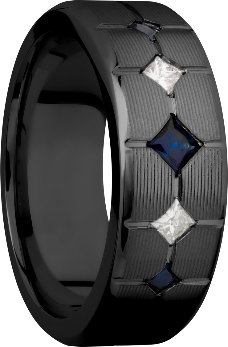 Zirconium 8mm beveled band with 3 sapphires and 2 diamonds