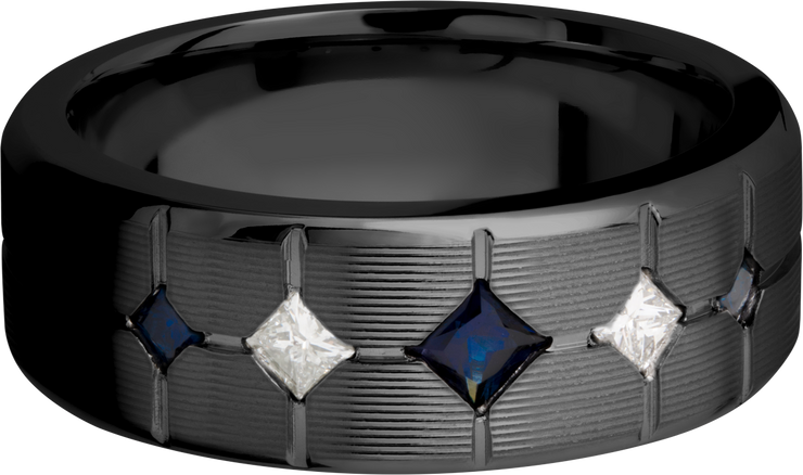 Zirconium 8mm beveled band with 3 sapphires and 2 diamonds