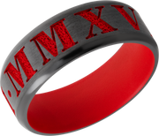 Zirconium 8mm beveled band with laser-carved roman numerals featuring red Cerakote in the recessed pattern and on the sleeve