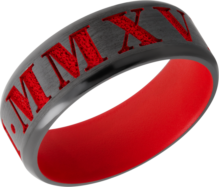 Zirconium 8mm beveled band with laser-carved roman numerals featuring red Cerakote in the recessed pattern and on the sleeve