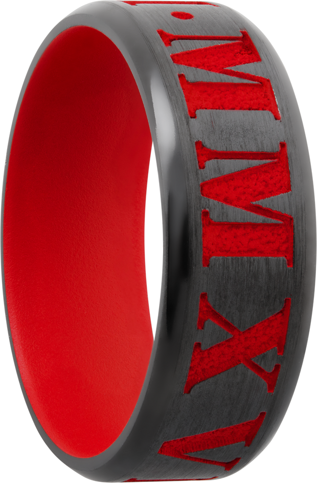 Zirconium 8mm beveled band with laser-carved roman numerals featuring red Cerakote in the recessed pattern and on the sleeve