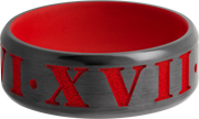 Zirconium 8mm beveled band with laser-carved roman numerals featuring red Cerakote in the recessed pattern and on the sleeve