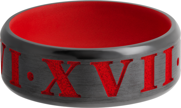 Zirconium 8mm beveled band with laser-carved roman numerals featuring red Cerakote in the recessed pattern and on the sleeve