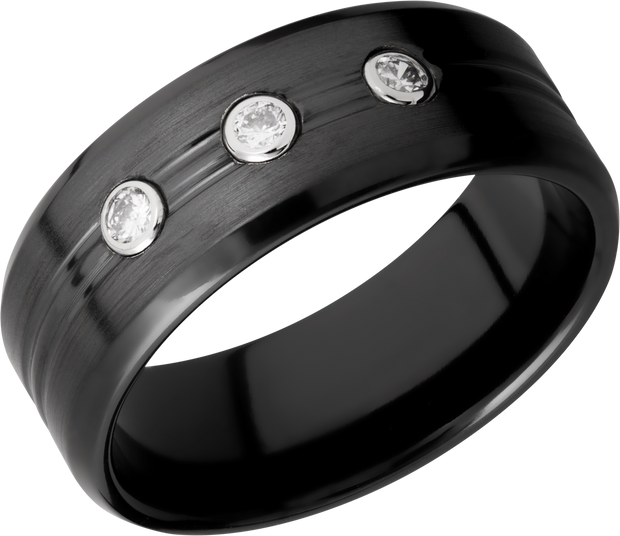 Zirconium 8mm beveled band with 3, .05ct bezel-set diamonds