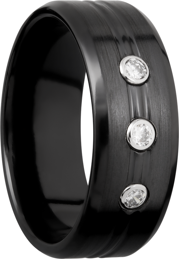 Zirconium 8mm beveled band with 3, .05ct bezel-set diamonds