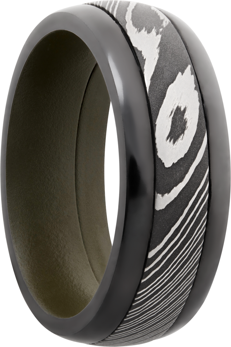 Zirconium pressed fit 8mm domed band with a 4mm inlay of Damascus steel and a Cerakote sleeve