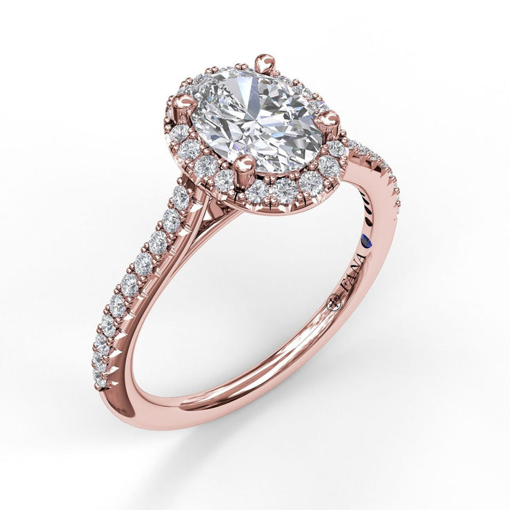 FANA- DELICATE OVAL SHAPED HALO AND PAVE BAND ENGAGEMENT RING