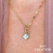SHY CREATION - YELLOW GOLD MOTHER OF PEARL CLOVER PAPER CLIP LINK NECKLACE