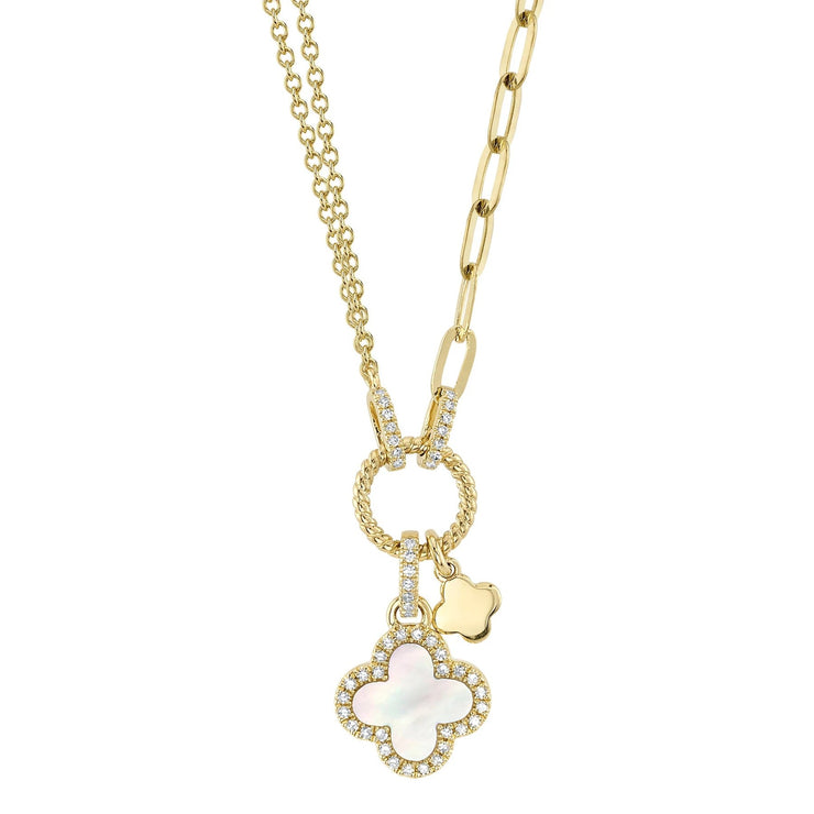 SHY CREATION - YELLOW GOLD MOTHER OF PEARL CLOVER PAPER CLIP LINK NECKLACE